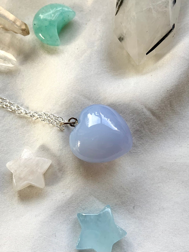 BLUE CHALCEDONY Heart Pendant with 925 Sterling Silver Chain