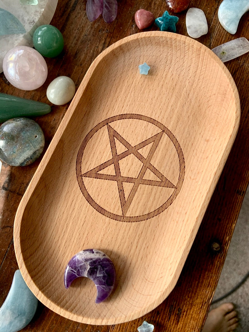 Engraved Wooden ALTAR TRAY with Pentacle or Triple Moon