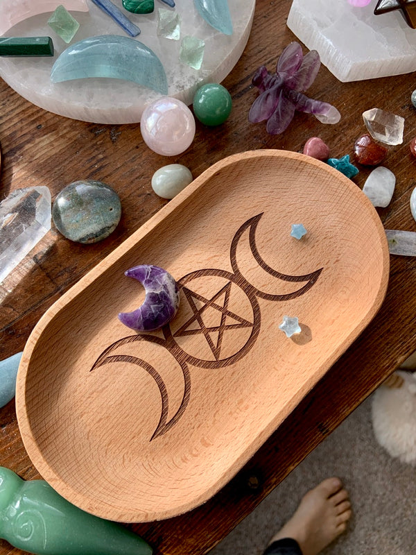 Engraved Wooden ALTAR TRAY with Pentacle or Triple Moon