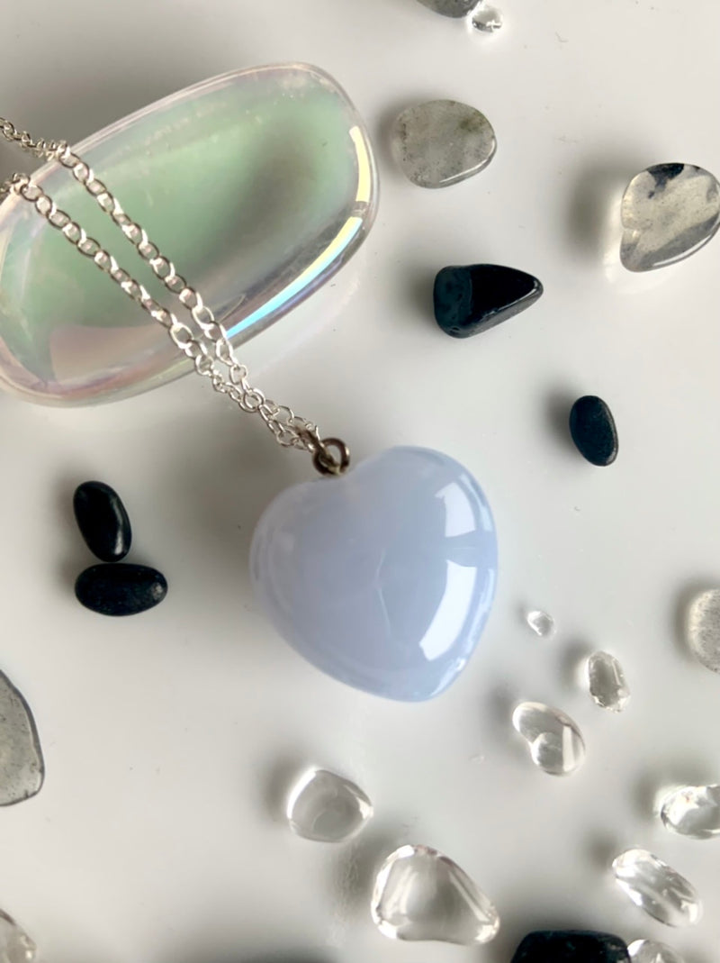Blue Chalcedony Heart Pendant with Sterling Silver Chain