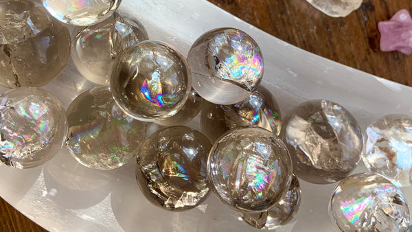 Mini Smokey Quartz Crystal Spheres filled with Rainbows