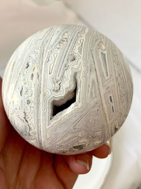 White Lace Agate Sphere on Stand