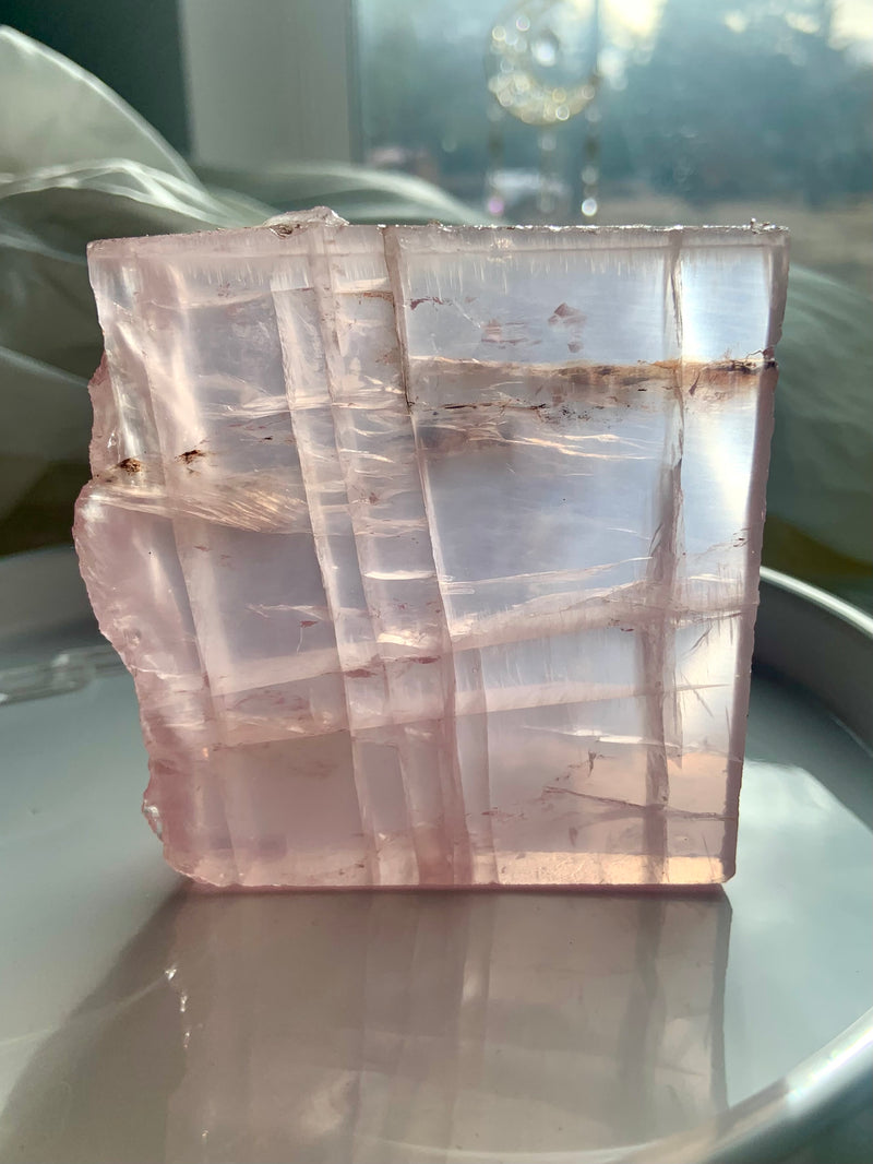 Self-standing Star Rose Quartz Slab from Mozambique shown in natural light