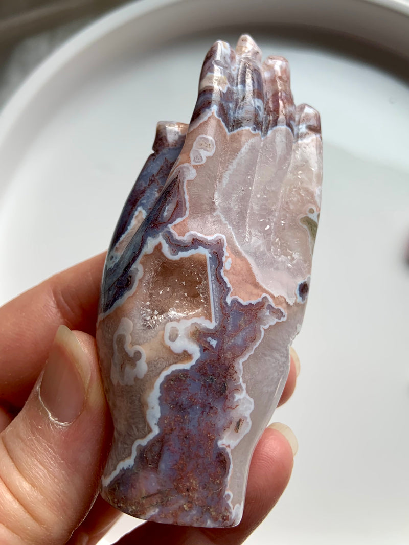 Rare Pink Moss Agate Hamsa Carving