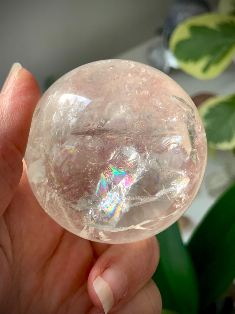 Clear Quartz Sphere with Rainbows + Golden Healer Inclusion