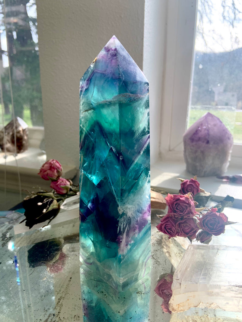 Teal + Purple Fluorite Obelisk with Scolecite Snowflake Inclusions