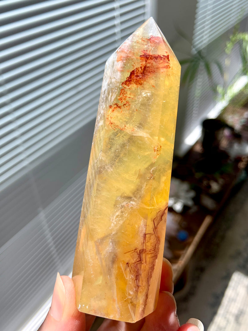 Yellow Fluorite with Mica Tower with Golden Healer Inclusions