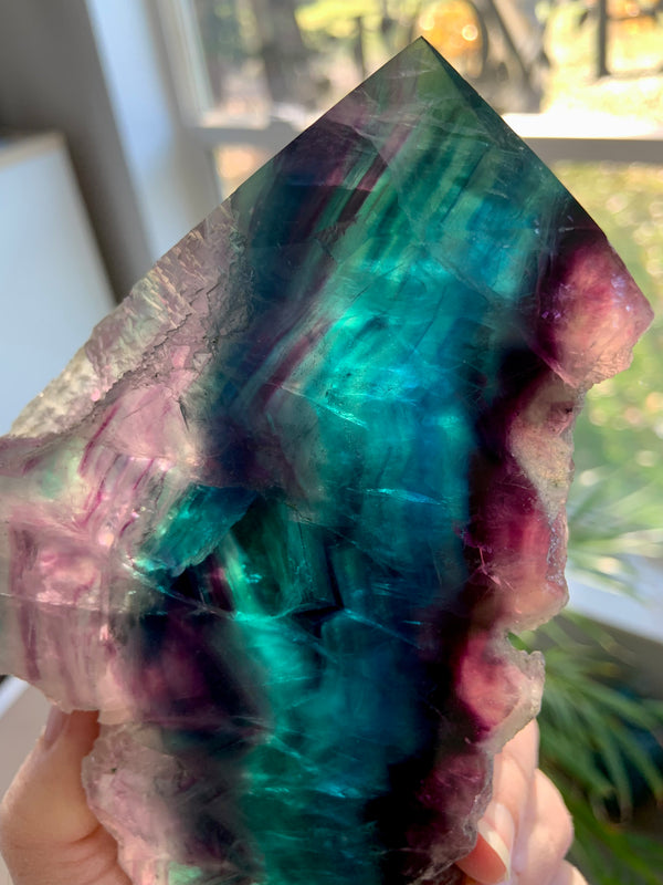 Teal, Blue + Purple Fluorite Tower with Natural Cubic Edges