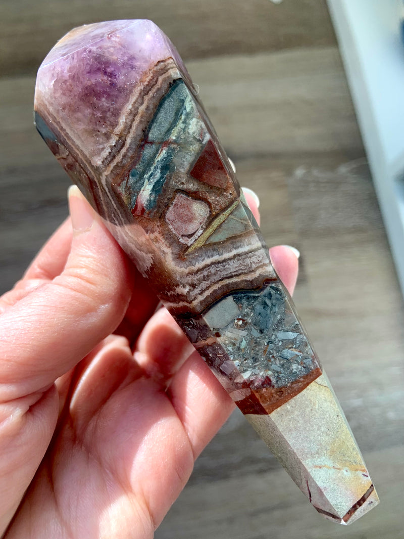 Crazy Lace Agate Amethyst Wand with Conglomerate Minerals