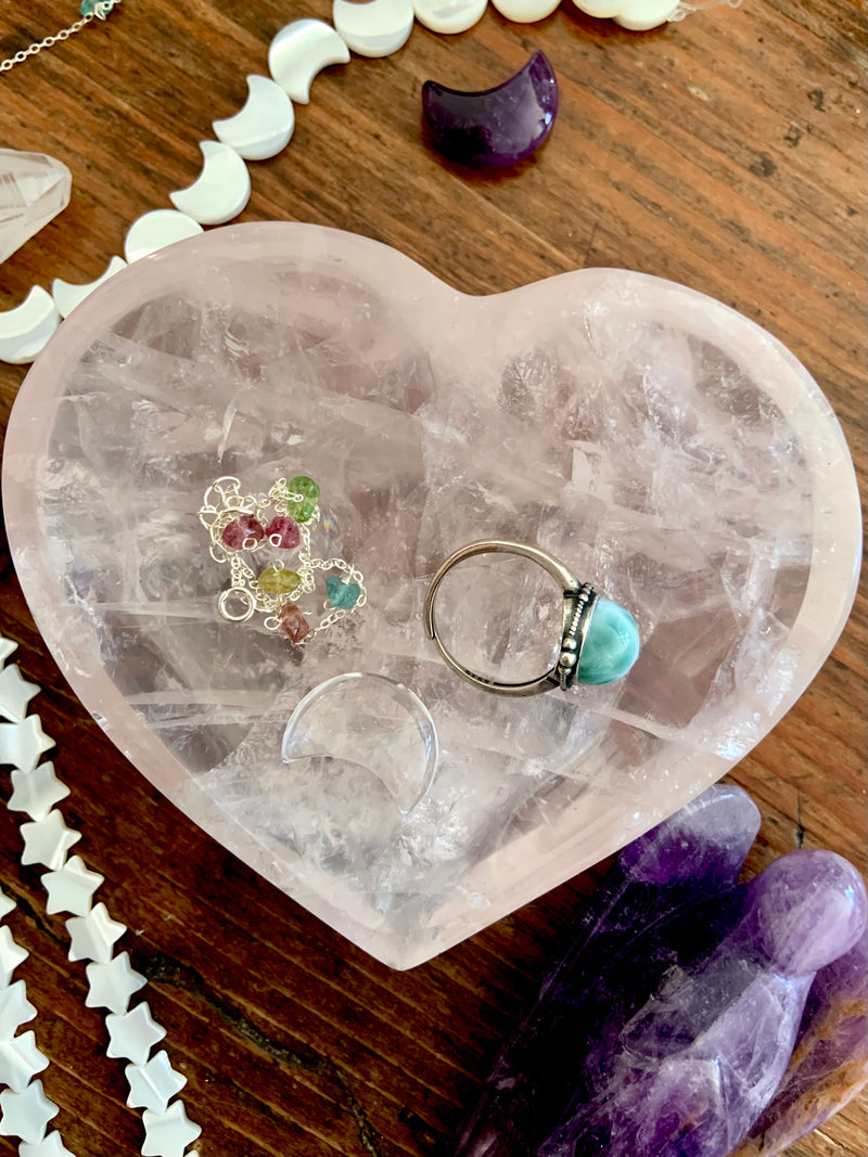 Gemmy Rose Quartz Heart Bowl with Rainbows