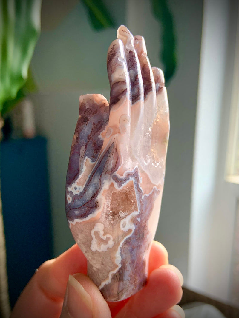 Rare Pink Moss Agate Hamsa Carving