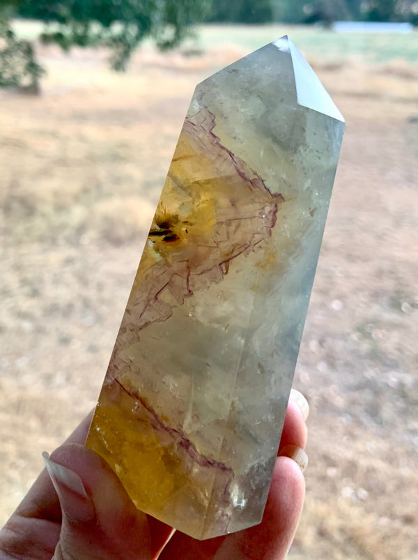 Yellow Fluorite Tower with Purple Cubic  Phantoms