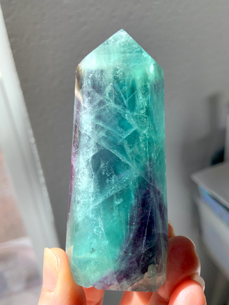 Teal + Purple Fluorite Tower with Rainbows