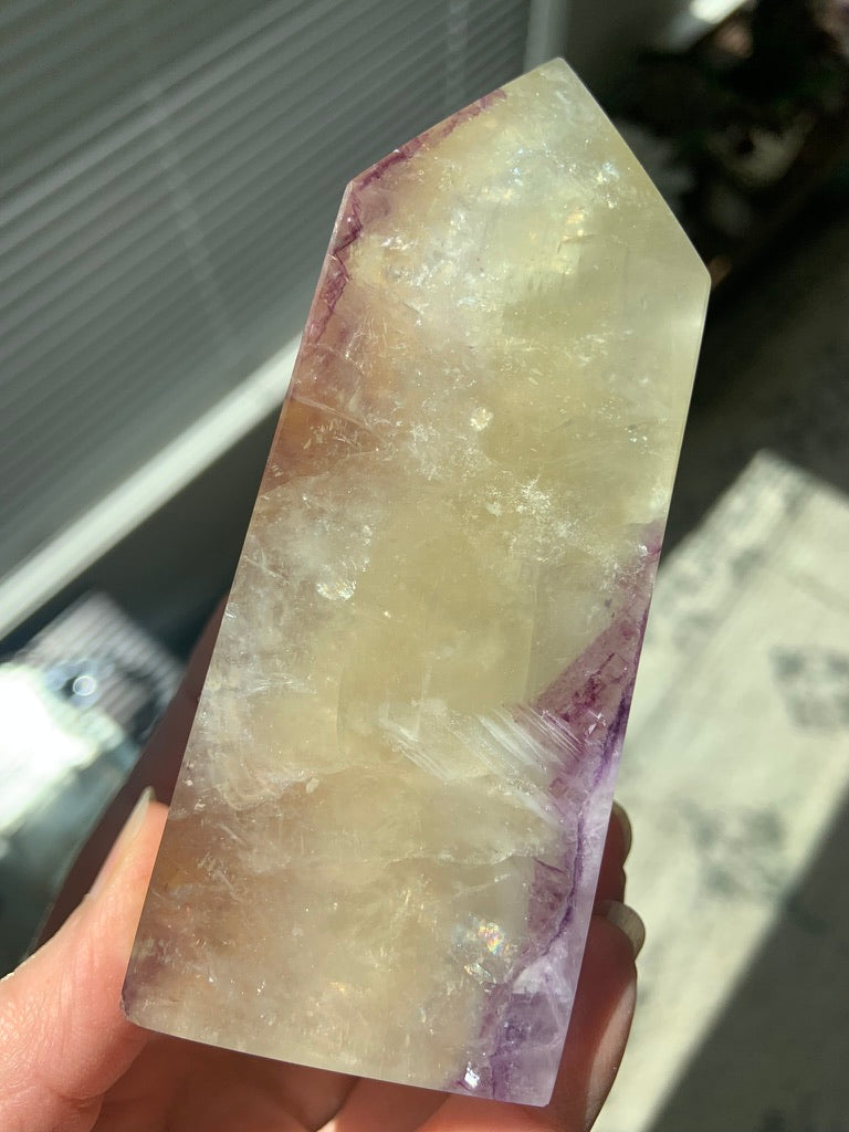 Pale Yellow Fluorite with Mica Obelisk with Purple Cubic Phantoms