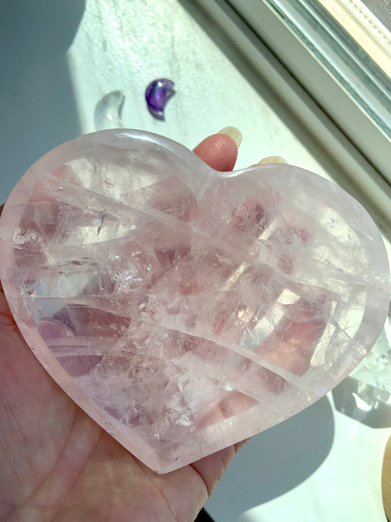 Gemmy Rose Quartz Heart Bowl with Rainbows