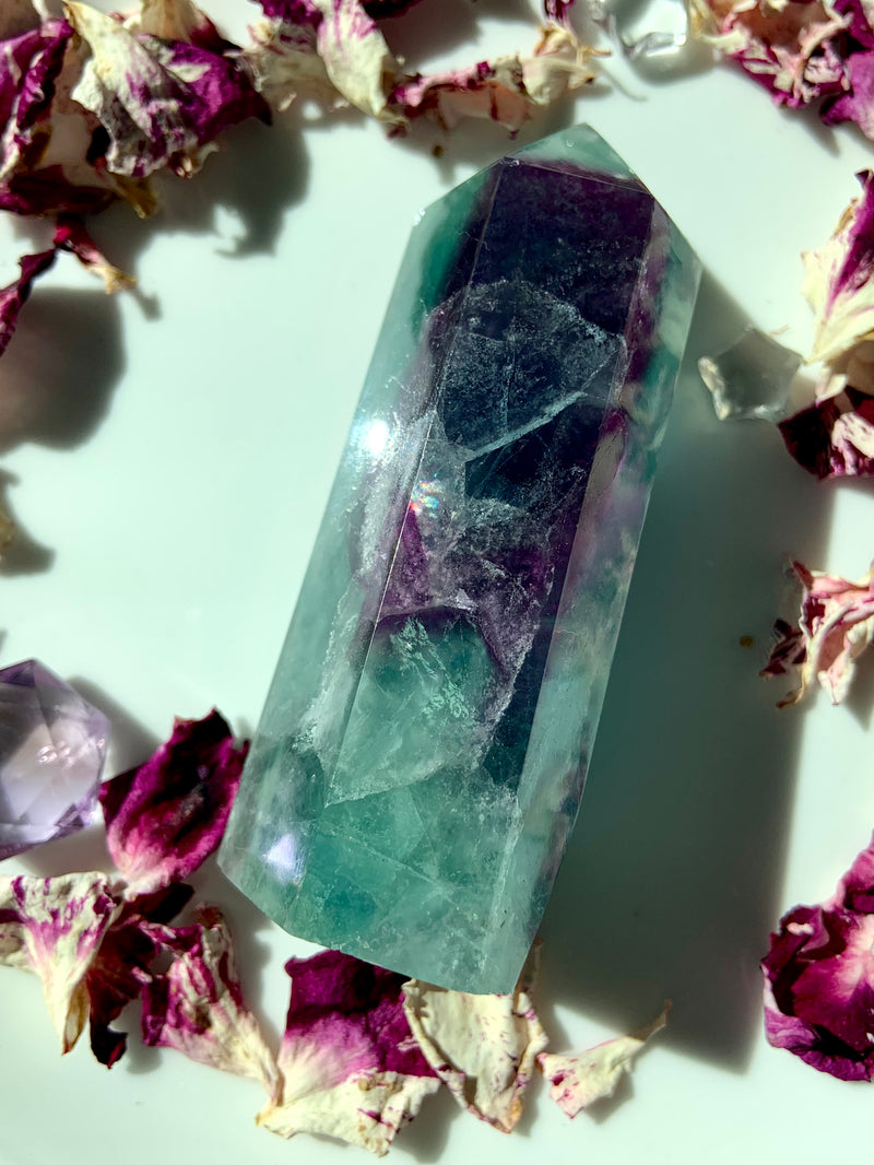 Teal + Purple Fluorite Tower with Rainbows