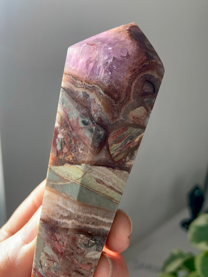 Crazy Lace Agate Amethyst Wand with Conglomerate Minerals