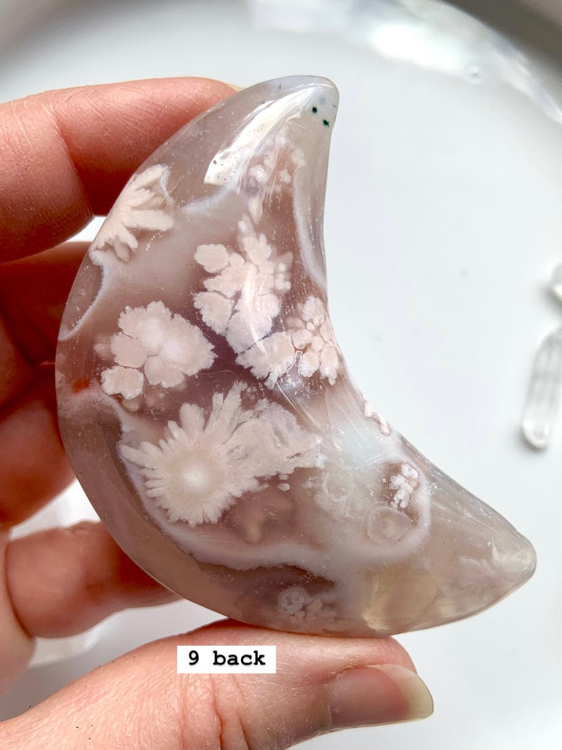 Hand Carved Flower Agate Crescent Moons