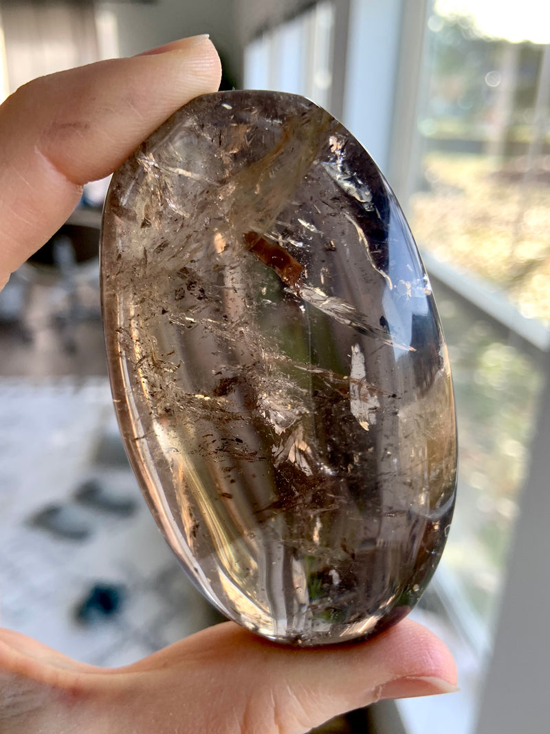 Large Smokey Quartz Palmstone with Rainbows