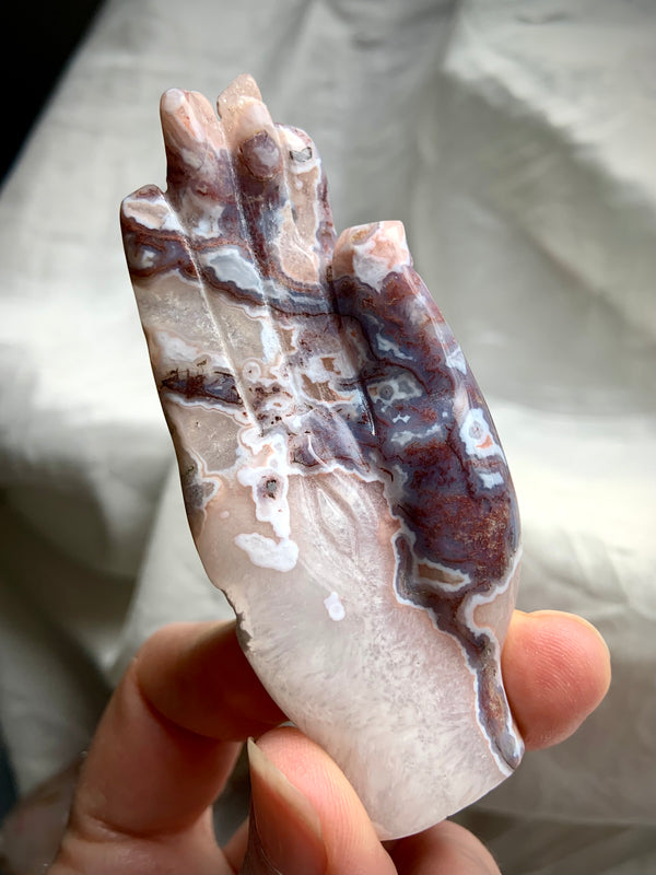 Pink Moss Agate Hamsa Carving