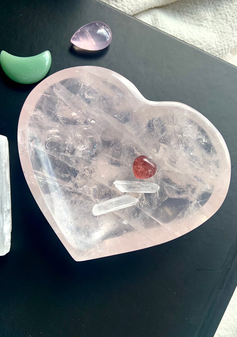 Gemmy Rose Quartz Heart Bowl with Rainbows