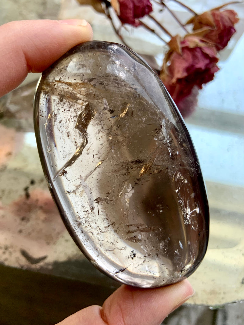 Large Smokey Quartz Palmstone with Rainbows