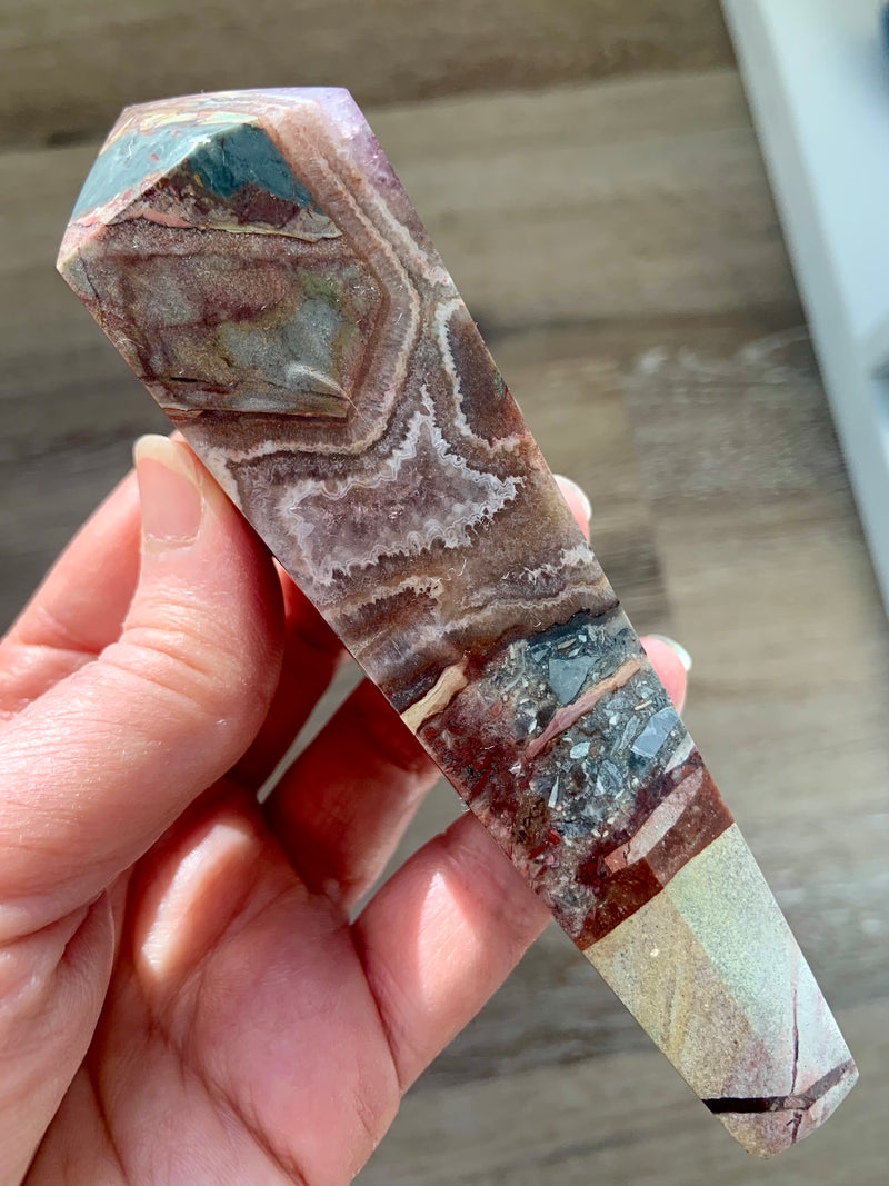 Crazy Lace Agate Amethyst Wand with Conglomerate Minerals