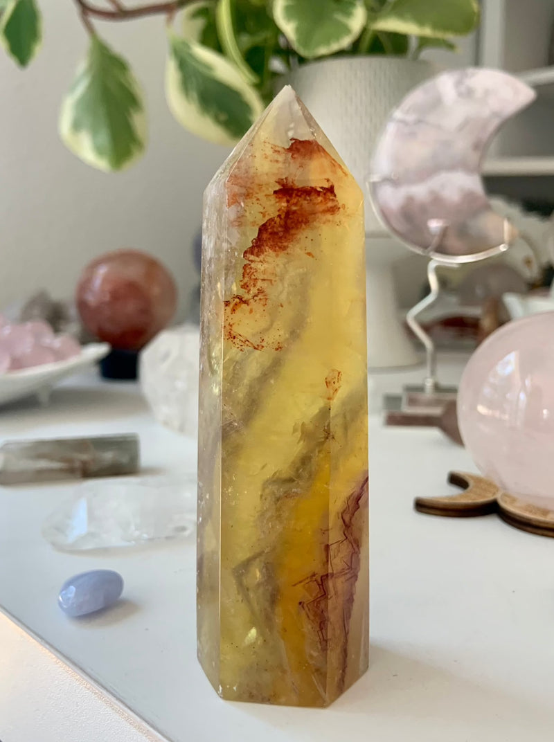 Yellow Fluorite with Mica Tower with Golden Healer Inclusions