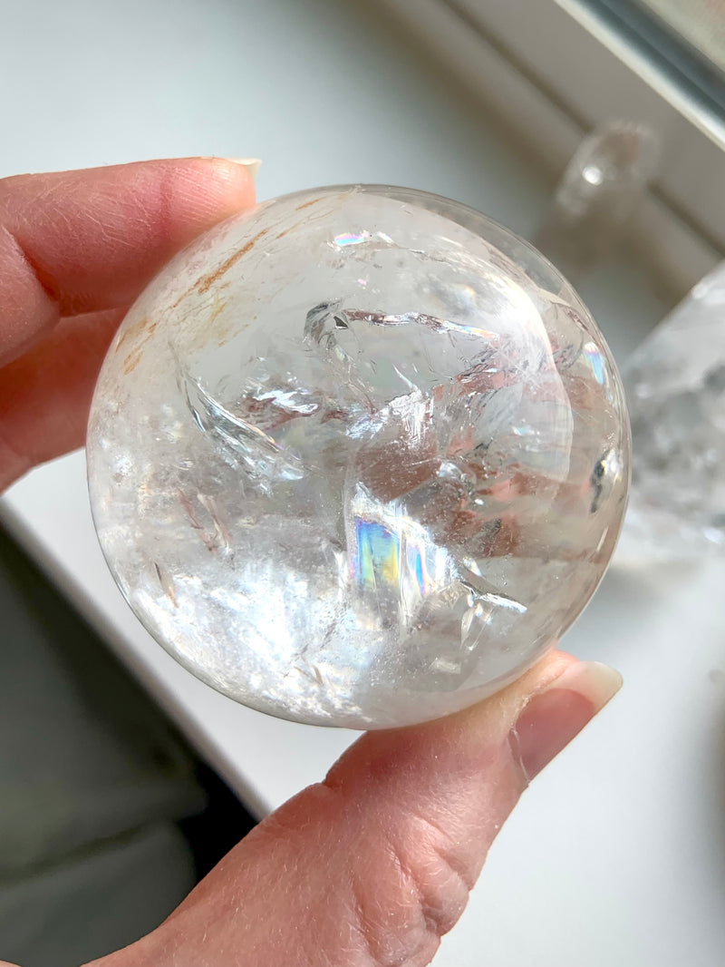 Clear Quartz Sphere with Rainbows + Golden Healer Inclusion