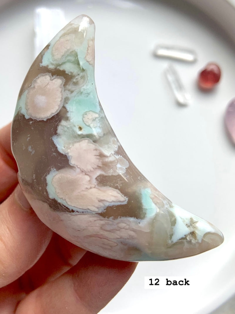 Hand Carved Flower Agate Crescent Moons