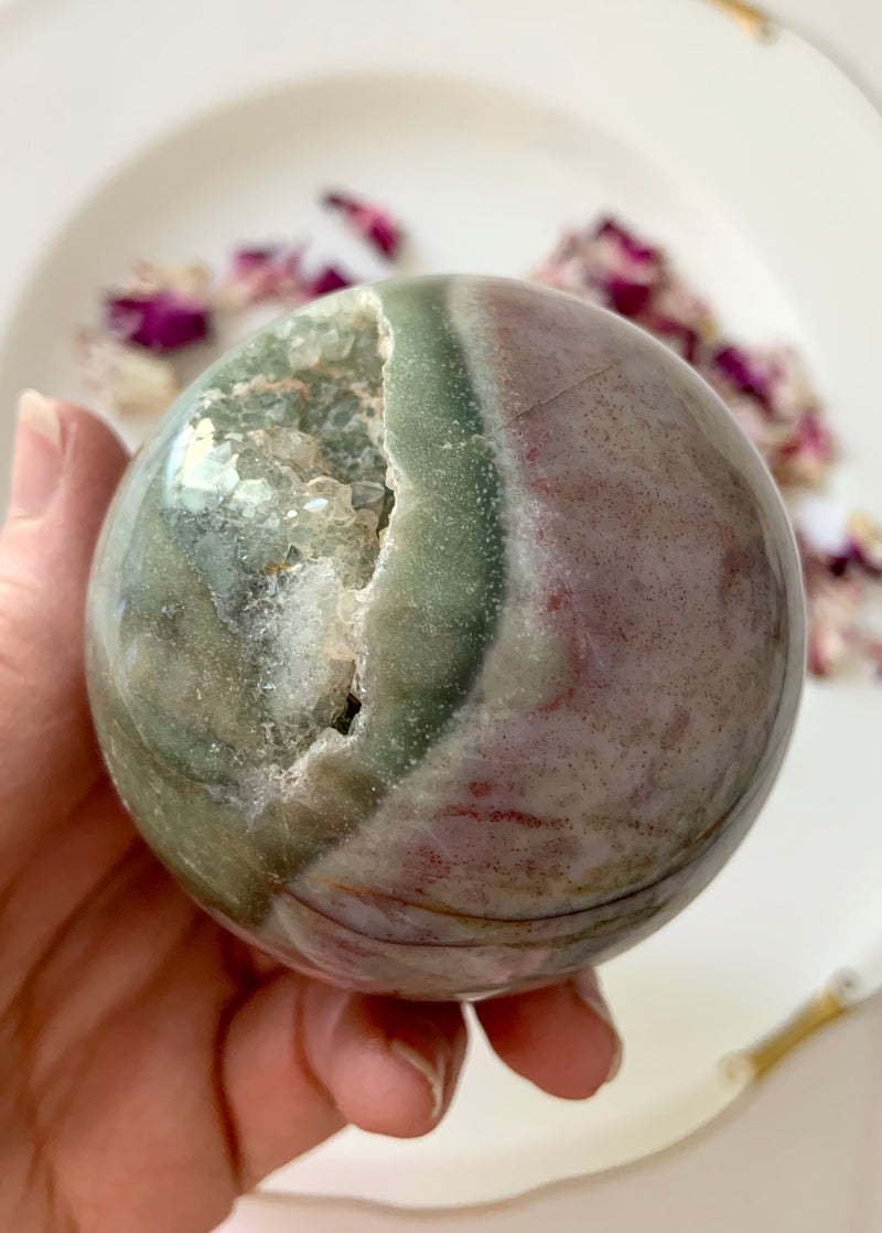 Pink + Green Ocean Jasper Sphere with Druzy