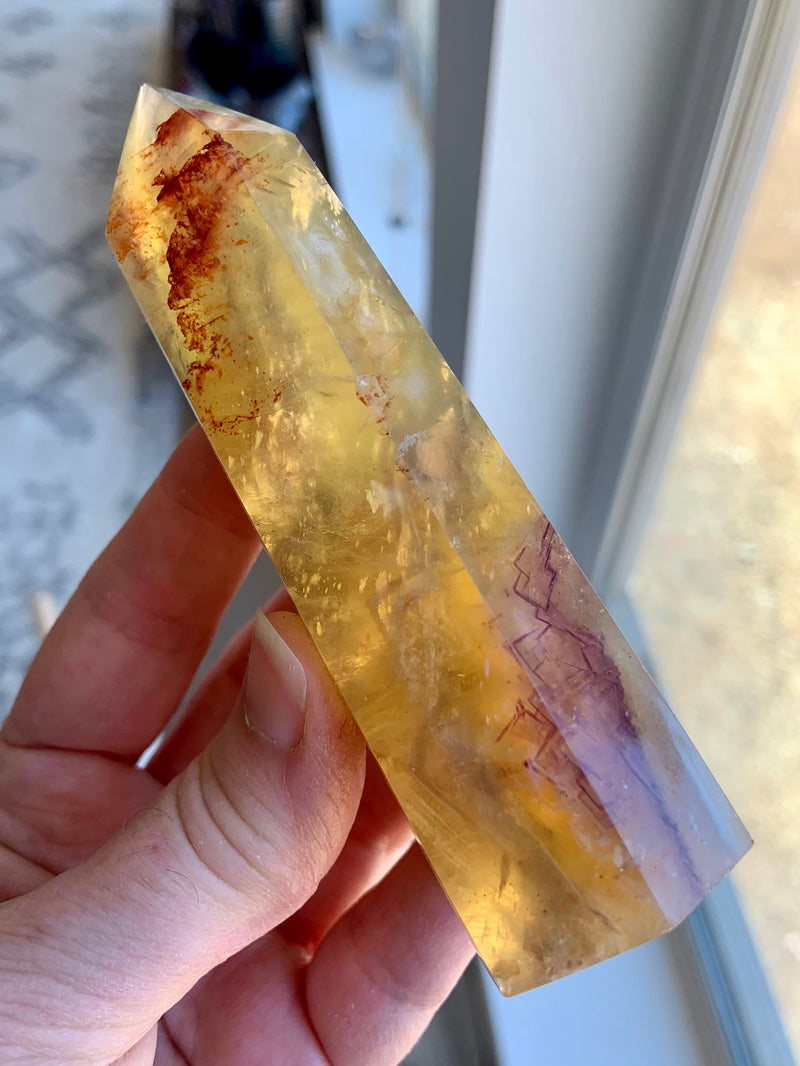 Yellow Fluorite with Mica Tower with Golden Healer Inclusions