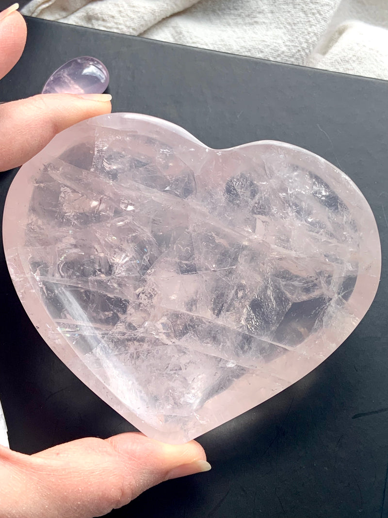 Gemmy Rose Quartz Heart Bowl with Rainbows