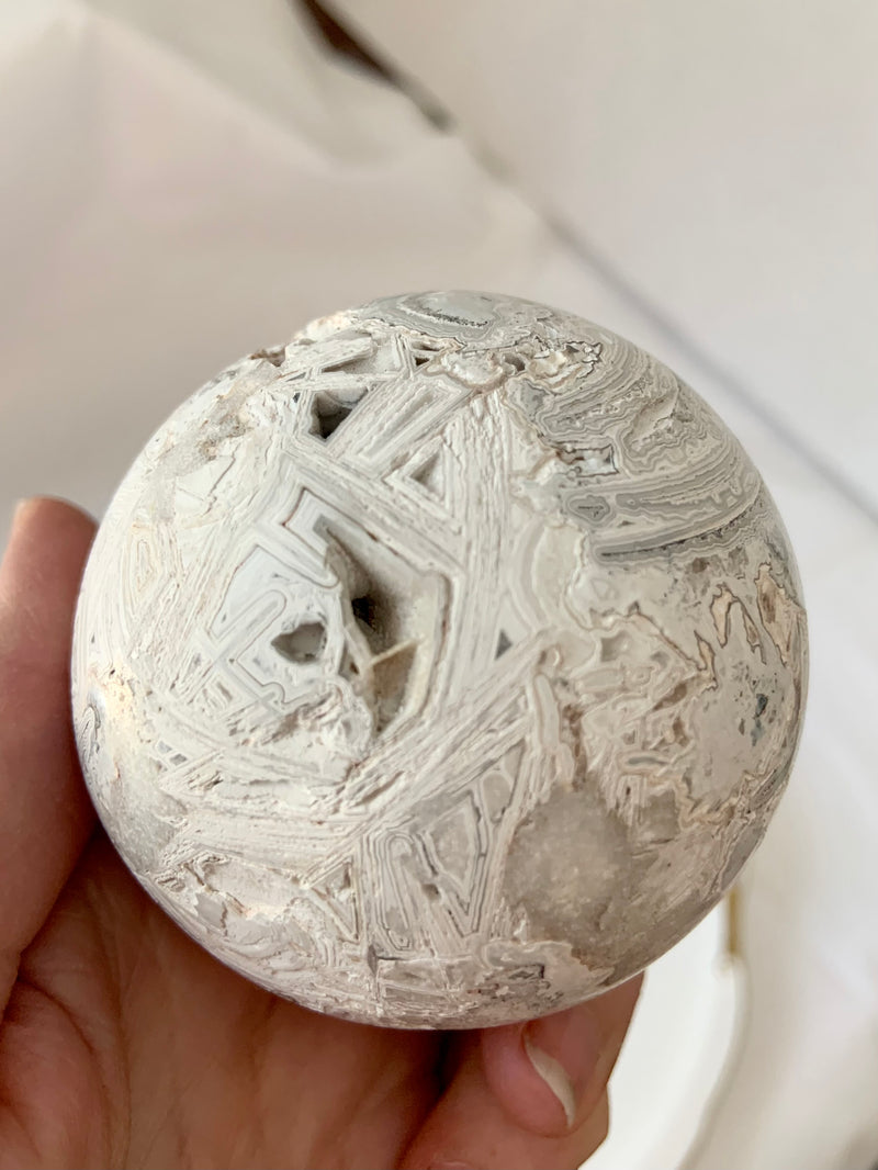 White Lace Agate Sphere on Stand