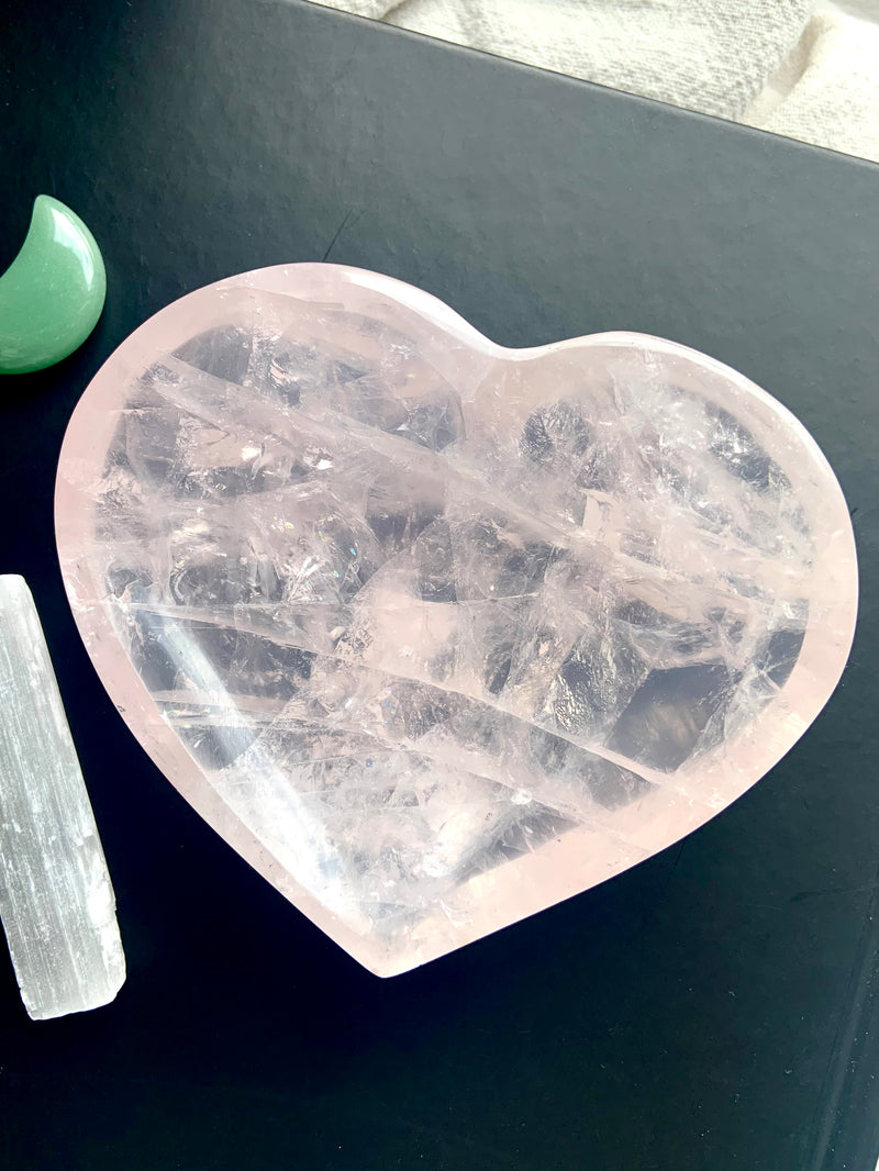 Gemmy Rose Quartz Heart Bowl with Rainbows