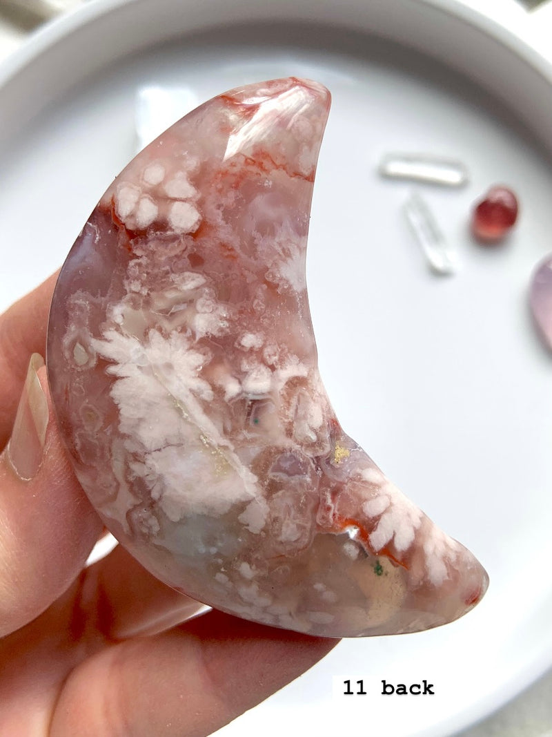 Hand Carved Flower Agate Crescent Moons