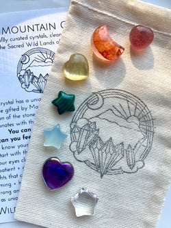 Rainbow Crystal 7 Chakra Crystal Set of Mini Moons, Stars, and Hearts, comes with a gift pouch and info card.