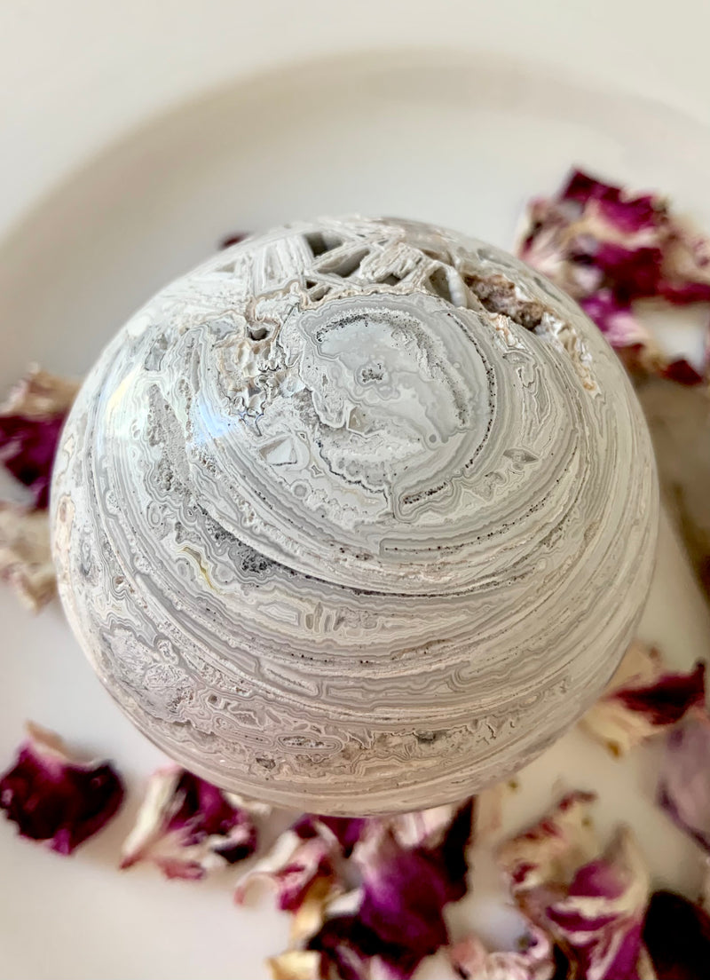 White Lace Agate Sphere on Stand