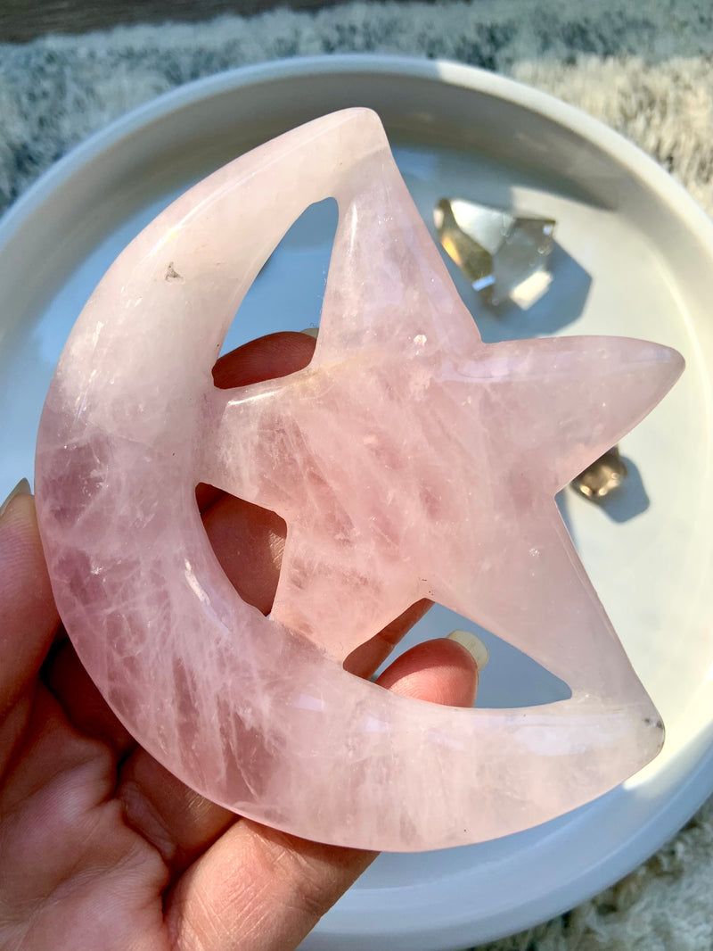 Hand Carved Rose Quartz Moon + Star
