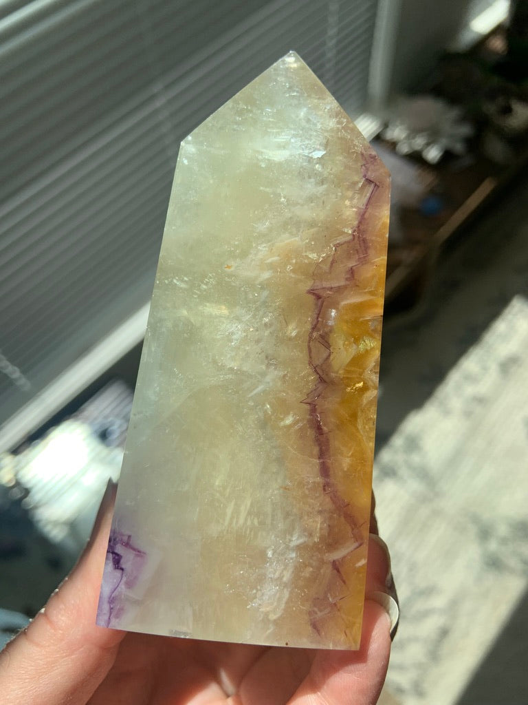 Pale Yellow Fluorite with Mica Obelisk with Purple Cubic Phantoms