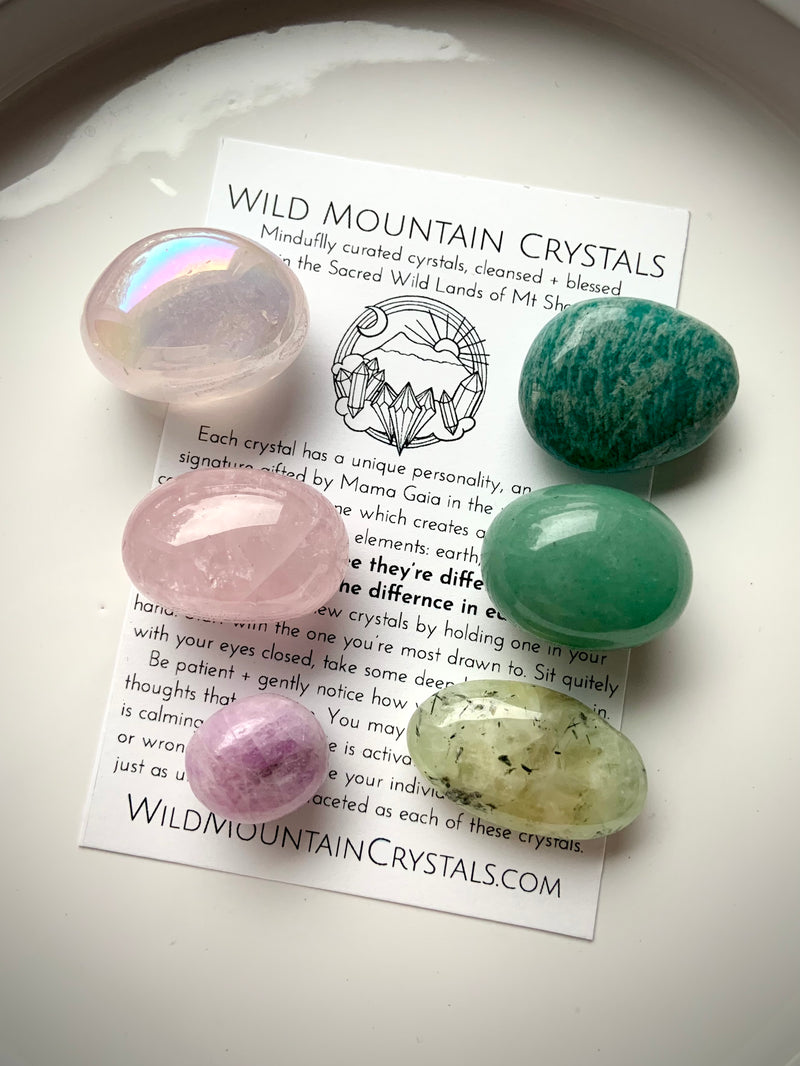 Heart Chakra Crystal Tumble Set of 6 pink and green stones including aura rose quartz, rose quartz, kunzite, prehnite, green aventurine, and amazonite