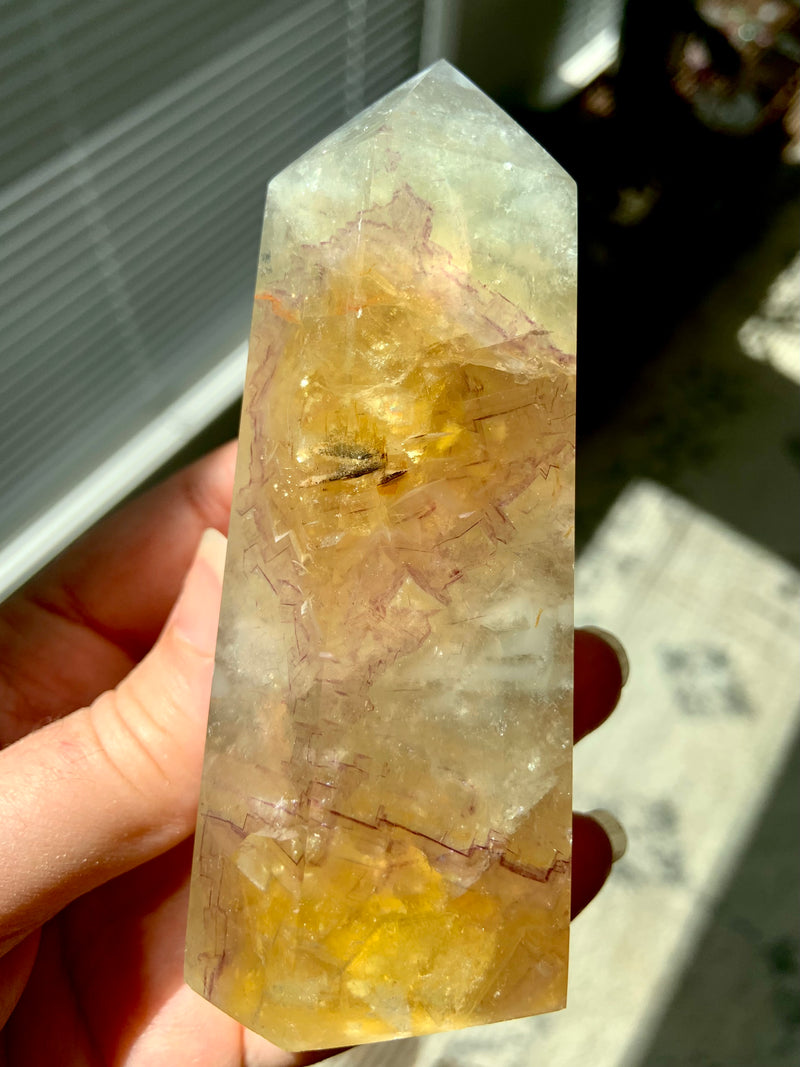 Yellow Phantom Fluorite Tower with Mica