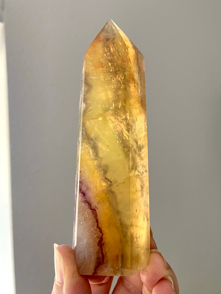 Yellow Fluorite with Mica Tower with Golden Healer Inclusions