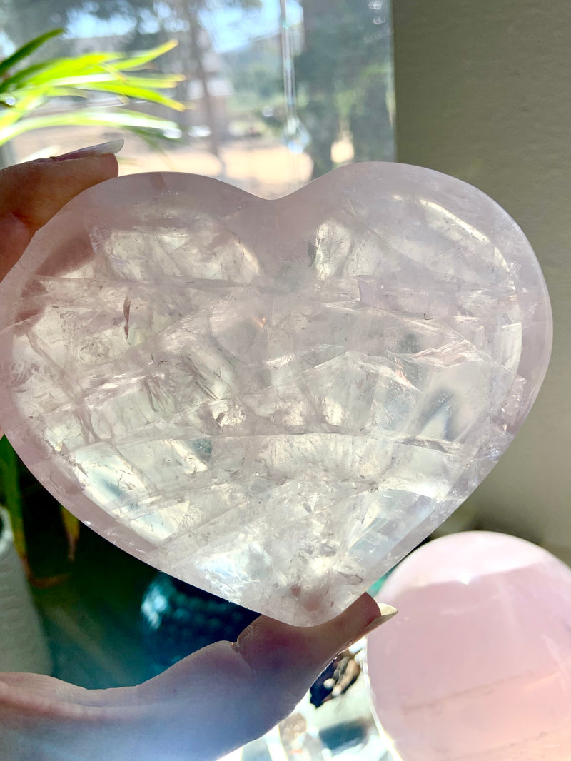 Gemmy Rose Quartz Heart Bowl with Rainbows