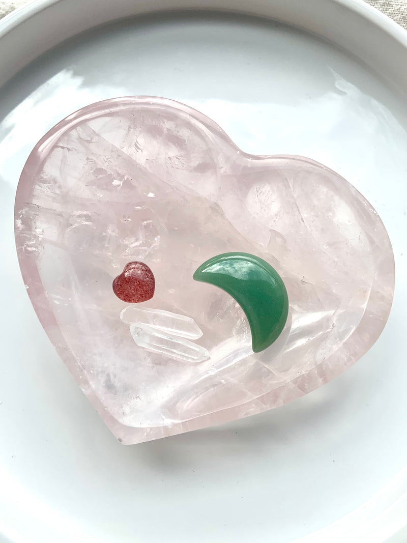 Gemmy Rose Quartz Heart Bowl with Rainbows