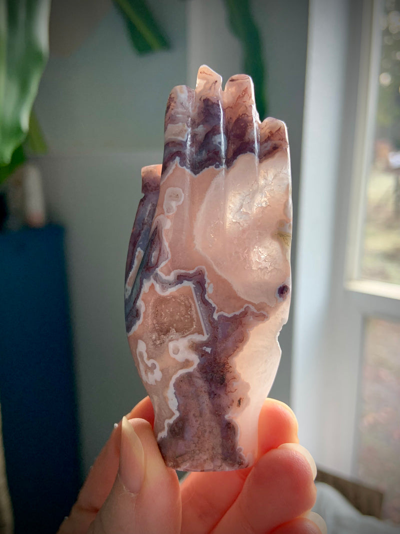 Rare Pink Moss Agate Hamsa Carving