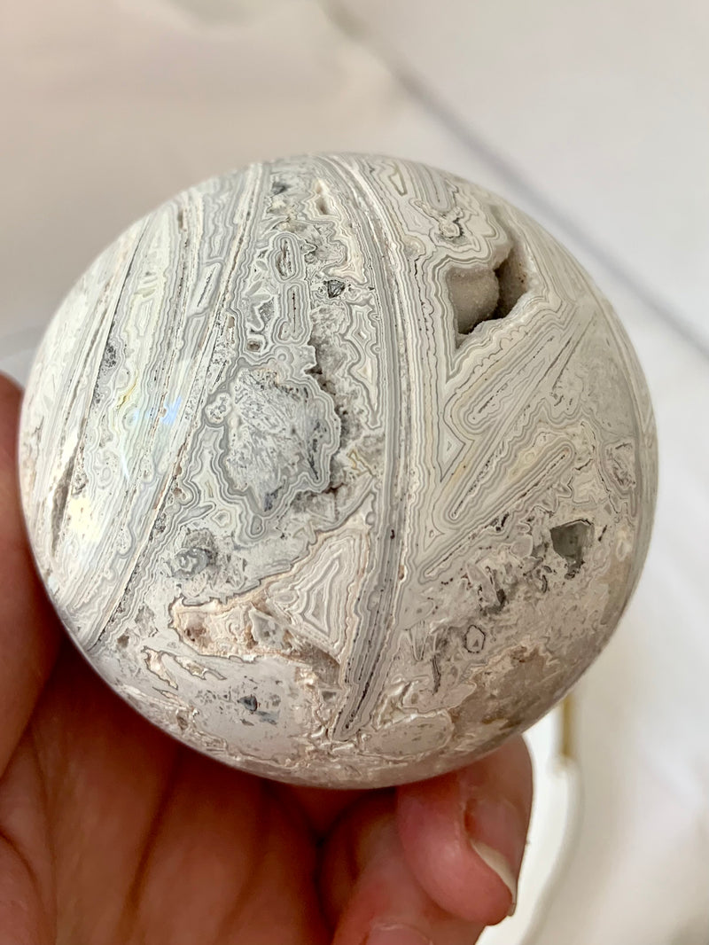 White Lace Agate Sphere on Stand