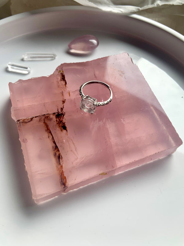 Star Rose Quartz Slab from Mozambique shown in use as a ring plate.