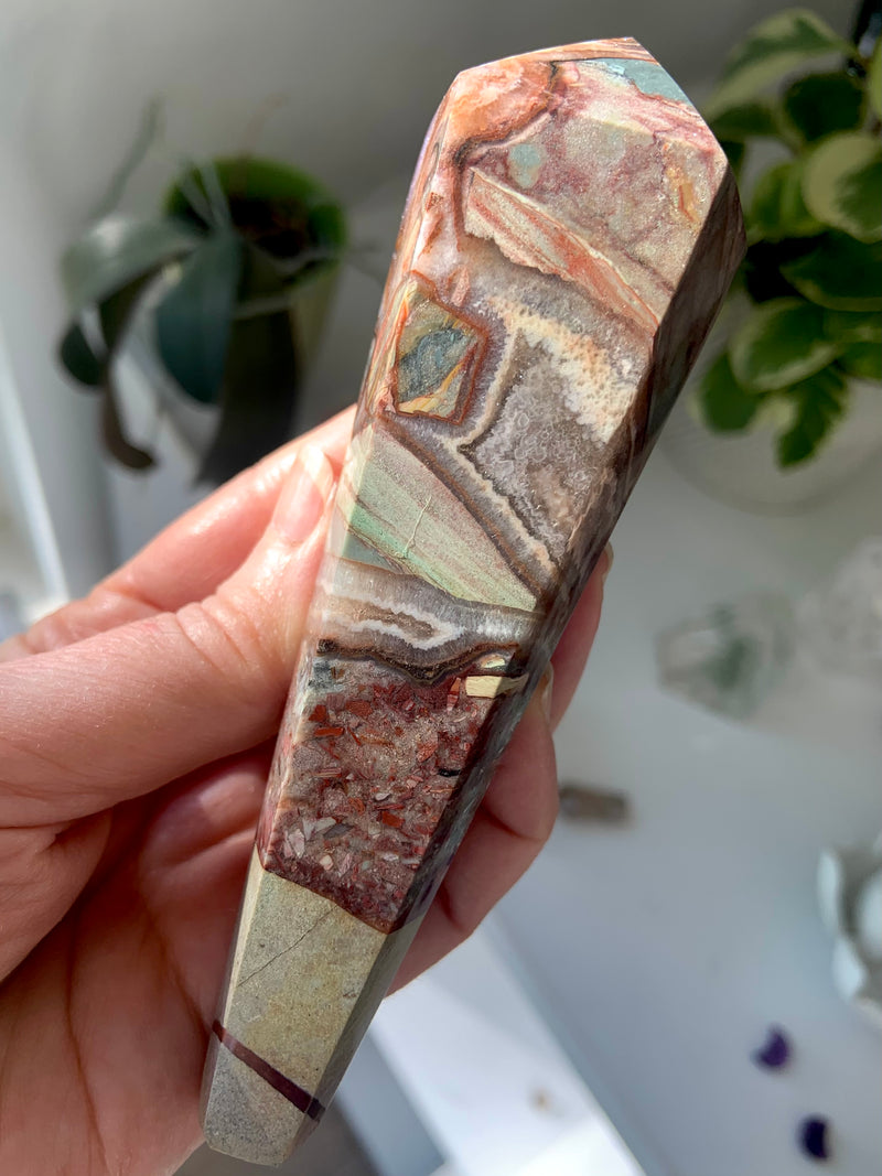 Crazy Lace Agate Amethyst Wand with Conglomerate Minerals