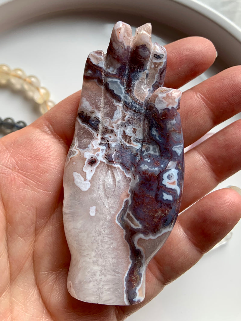 Rare Pink Moss Agate Hamsa Carving